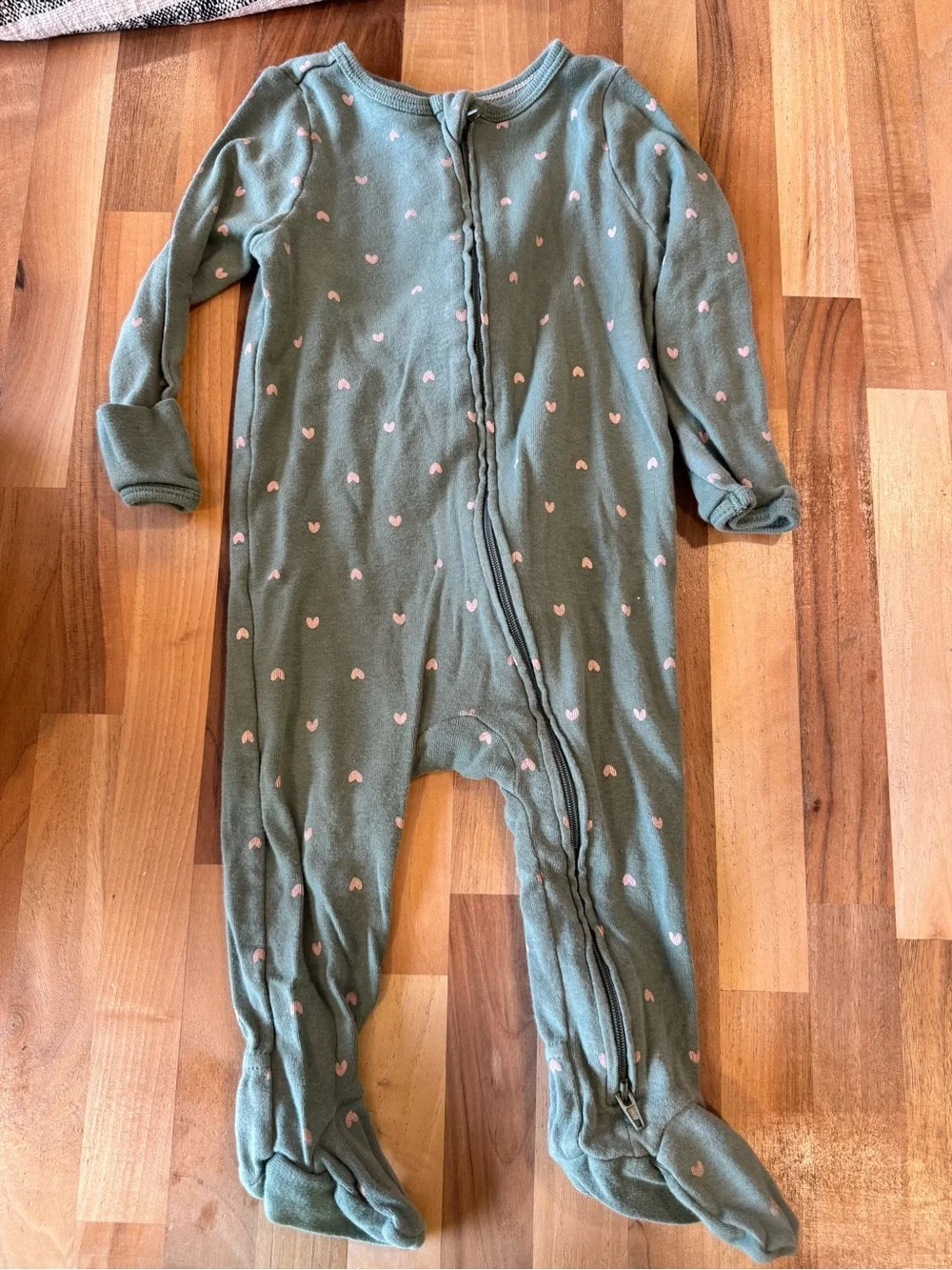 Old Navy Olive Green Footed One-Piece with Pink Heart Print
